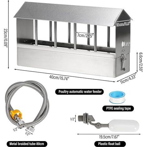 Automatic Pigeon Drinker 2.6L Stainless Steel Poultry Automatic Drinking Fountain for Pigeons with 1/2 Inch Float Valve and 80 cm Braided Hose (1/4)