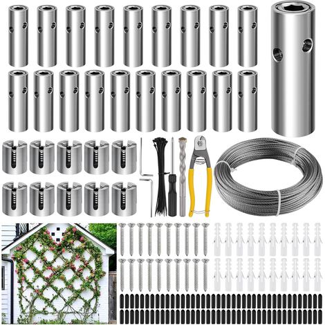Tuteur 185 pièces en acier inoxydable pour plantes grimpantes, 30 m, en acier inoxydable haute performance, kit d'escalade murale, câble en fil d'acier T316, pinces croisées, système de (1/5)