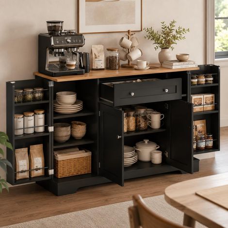 FurnitureR Black Light Wood Sideboard 138x40x85cm with Drawer 4 Doors (1/5)