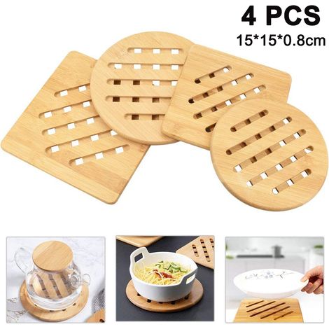 Lot de 4 dessous de plat carrés et ronds en bambou naturel lavable et résistant à la chaleur, avec égouttoir, pour casseroles, bols et assiettes.