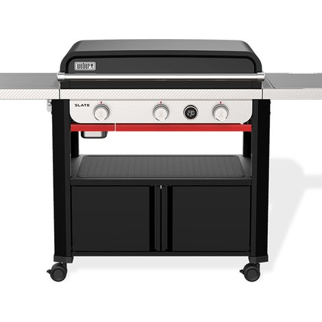 Weber – Plancha à gaz 3 brûleurs inox 10,5 kW – Surface de cuisson 76 x 46 cm en fonte émaillée – Chariot avec rangement et roues multidirectionnelles