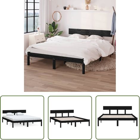 The Living Store Cadre de lit sans matelas noir bois massif 160x200 cm - Cadre De Lit - Lit Double - Lit En Bois - Lit Noir - Meuble Chambre (1/5)