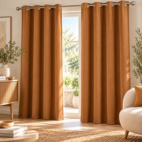 LOT DE 2 Rideaux à œillets grande hauteur 135 x 280 cm occultants unis OCCULT Camel (1/5)