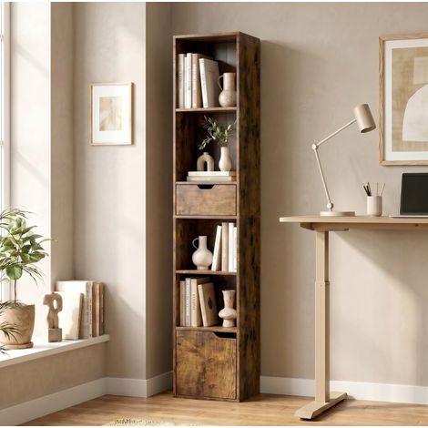 Librería estrecha de 6 niveles en madera marrón con cajón y armario (1/5)