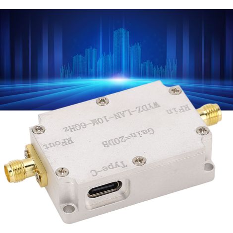 Amplificateur à faible bruit 10 MHz-6 GHz avec gain linéaire élevé (20 dB) pour signal RF destiné à piloter l'étage d'entrée du récepteur dans une radio (radio FM). (1/5)