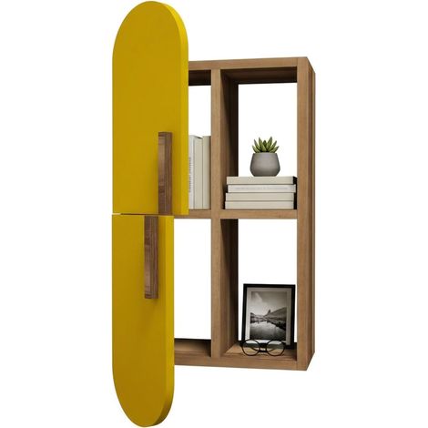 Nesat Regal, 4 Böden, Gestellfarbe Gelb, Nuance Walnuss, 35x22x60h cm Braun Walnuss