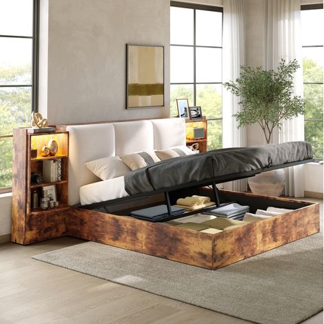 Cama canapé 180 x 200 cm con cabecero tapizado, LED y 6 espacios de almacenaje HAVRYA (1/5)