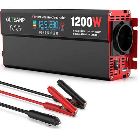 Onduleur 12V à 230V Sinusoïdal Pur,Convertisseur De Tension 1200W Inverseur avec Écran LCD, Prises AC, Connexion 36W Type-C, Connexion USB 5V/3A pour Camion,Maison,Véhicules (1/5)