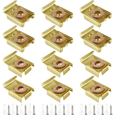 3 Ensembles (12 Pièces) Kit de Montage Mural en Verre, Clips de Suspension à Miroir, Clips de Montage Miroir, Fixation Miroir Mural, avec Chevilles et Vis, pour Miroir, Or (1/5)