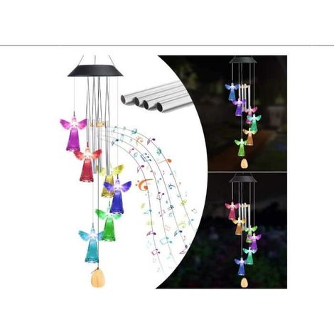 1 carillon à vent extérieur solaire, ange LED avec 4 tubes en aluminium, mélodie musicale 7 couleurs, décoration jardin et terrasse