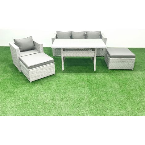 Fimous Rattan Garden Furniture Set Outdoor 6 Seater Patio Dining Sets with Glass Top Dining Table Light Grey Mixed (1/5)
