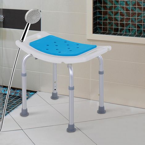 Sedile doccia regolabile in altezza, sgabello doccia ergonomico, piedini antiscivolo, portata massima 135 kg, alluminio, HDPE, bianco, blu