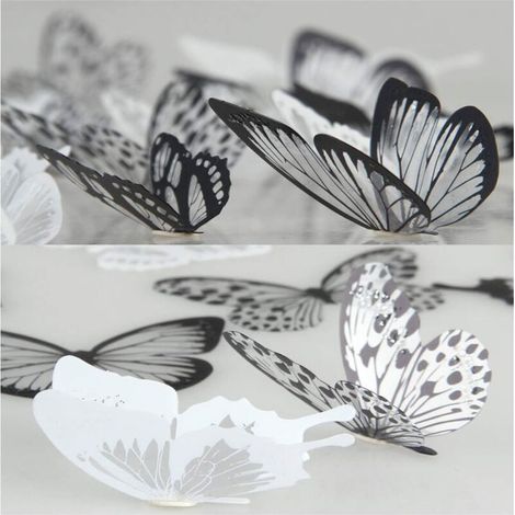 Lot de 36 stickers muraux 3D papillons en PVC noir et blanc – Décoration murale pour chambre et meubles – Facile à démonter –