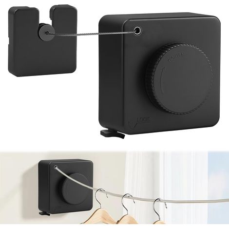 Corde à Linge Rétractable, 4,8 m Corde à Linge Rétractable D'extérieur étendoir à Linge Extensible de Balcon Fil à Linge Retractable en Acier Inoxydable pour Balcon, Salle de Bain (Noir) (1/5)