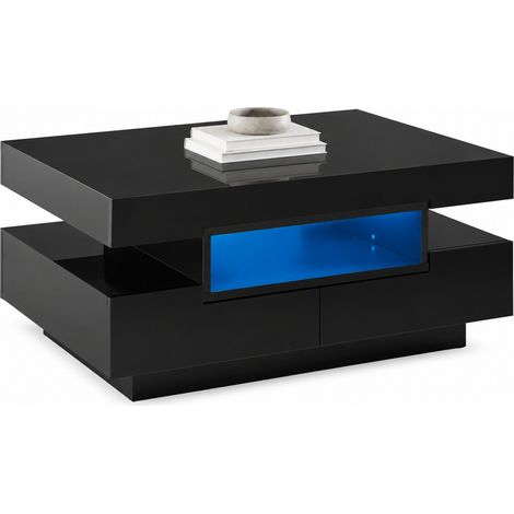 Mesa de centro negra en acabado alto brillo con tira LED regulable, 3 compartimentos abiertos y 4 cajones ocultos, 80 x 50 x 36 cm, ideal para salón CHICFURN (1/5)