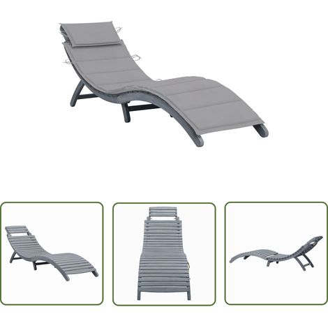 The Living Store Chaise longue avec coussin Gris Bois d'acacia solide - Chaise Longue - Mobilier De Jardin - Transats - Chaises Longues Pliables - Jardin (1/5)