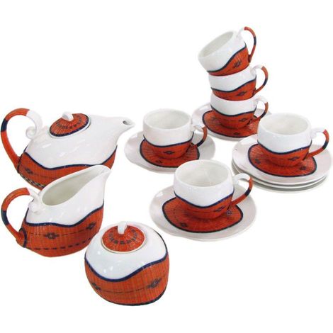 Set tazza the con teiera e lattiera 9 pezzi bambù arancione  e ceramica (1/4)