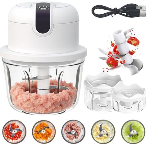 Petit hachoir de cuisine électrique 350 ml, 250 ml, 100 ml, mini déchiqueteuse à oignons électrique pour oignons, fruits, noix, viande, ail (1/5)