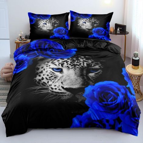 Bettwäsche-Set 135x200 cm mit Leoparden-Motiv und blauen Rosen