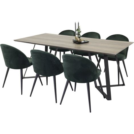 MarinaGRBL Essgruppe Esstisch El Holz dekor grau und 6 Velvet Esszimmerstühle Velour grün, schwarz.