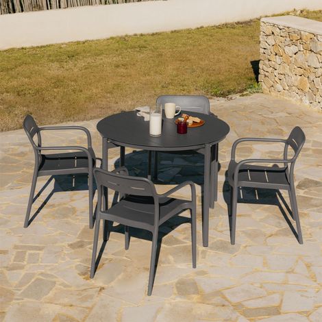 Set da tavolo rotondo Ø110 cm in alluminio Elton e 4 sedie da giardino impilabili in polipropilene Graneli SKLUM            