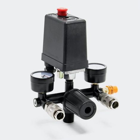 Regulateur De Pression Avec Interrupteur De Pression - Raccord Fileté Externe 20 67 Mm - 2 Manomètres 0 À 12 Bar - Valve De Sécurité - 2 Raccords Rapides Air Comprimé - 1 Pièce (1/5)
