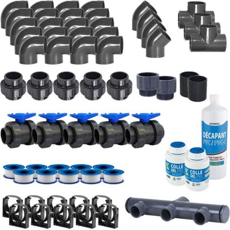Interplast – Kit de plomberie piscine diamètre 50 mm – Raccords PVC à coller – 10 colliers de fixation – Collecteur 3 voies inclus