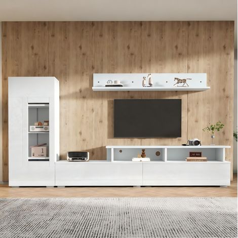 DESMIU Meuble TV avec 1 porte relevable et 1 niche, Vitrine LED avec 4 étagères, pour salon, blanc, 170 × 35 × 45 cm (1/5)