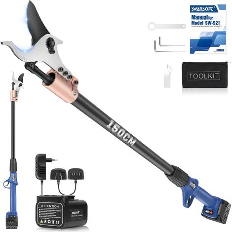 SWANSOFT Élagueur électrique à perche de 150 cm avec batterie 4 Ah + 4 Ah, moteur sans balais 1050 W, pour l'élagage des branches hautes, diamètre de coupe 40 mm 921-2 (1/5)