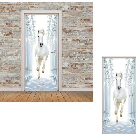 3D-Aufkleber für Türfoto – Weißes Wildpferd, selbstklebender Sticker für Holztüren, Wanddekoration für Zuhause.