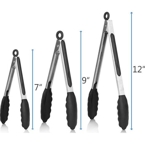 Juego de tres pinzas de cocina, 7/9/12 pulgadas, pinzas para barbacoa, accesorio para barbacoa, con asa para colgar, pinzas de cocina, resistentes al calor, revestimiento antiadherente de silicona. (1/5)