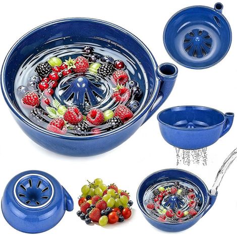 Bol à fruits auto-essorant en céramique bleu foncé, avec trous d'égouttage et passoire intégrée, outil de nettoyage artisanal pour fruits