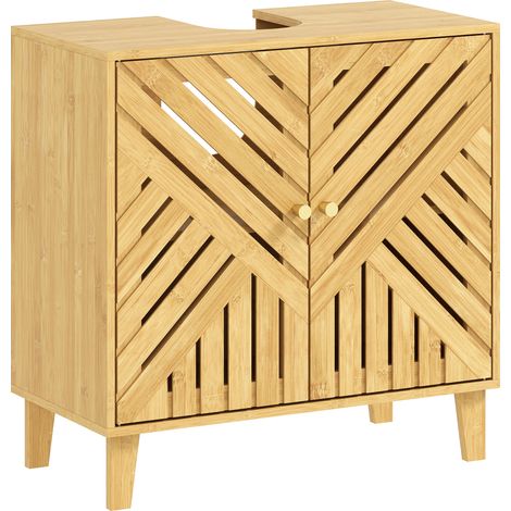 Mobiletto sottolavabo in bambù per bagno con ripiano regolabile e ante a doghe, 60 x 30 x 60 cm, colore naturale.