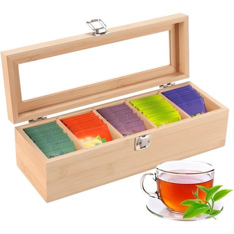 Teebox – Aufbewahrungsbox aus Holz mit Sichtfenster für Teebeutel – 9 x 30 x 10 cm – Für Ordnung im Teeraum – Geeignet für jedes Zimmer (1/5)