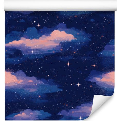 Papel pintado de galaxia en acuarela azul marino, violeta y coral 50x1000 cm (1/5)
