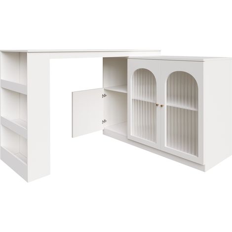 360° drehbarer weißer MDF-Bar-Schrank mit Glastüren, 120 x 40 x 97 cm (1/5)