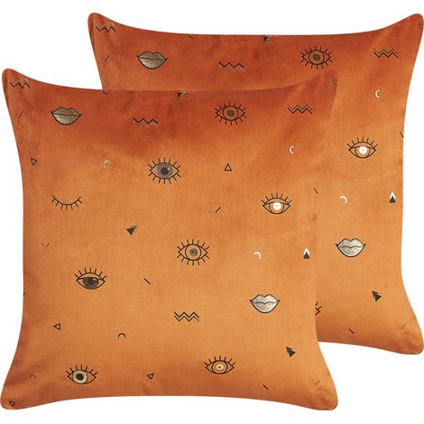 Conjunto de 2 cojines de terciopelo naranja negro 45 x 45 cm patrón ojo Aeonium