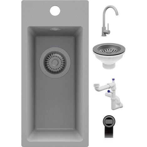 PRIMAGRAN Evier Cuisine en Granit 23x50cm,Lavabo 1 Bac + Robinet 32x20cm + Kit de Vidage, Évier à Encastrer au Meuble 25cm - Riga, Tout Gris (1/5)