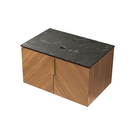 Plan de travail et meuble ARAI de 76 cm en pierre frittée noire, sans lavabo, sans robinet ni évacuation, aspect chêne brun