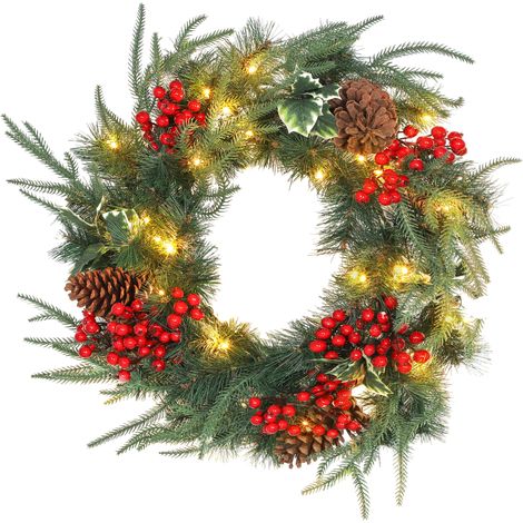 60 cm lange Weihnachtsgirlande mit weißen LED-Lichtern, Timer, Tannenzapfen, Beeren und Stechpalmenzweigen, Grün (1/5)