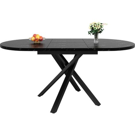 Table à manger ronde extensible avec finition imitation marbre — Dimensions : 100 cm de diamètre (extensible à 140 cm), 75,5 cm de hauteur — pied robuste en métal noir en forme de X — idéale comme tab (1/5)