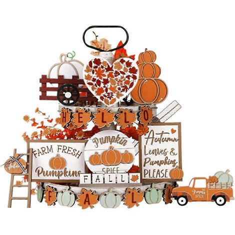 Plateau à étages en bois pour Thanksgiving, citrouille et feuilles d'érable, décoration automnale pour la table. (1/5)