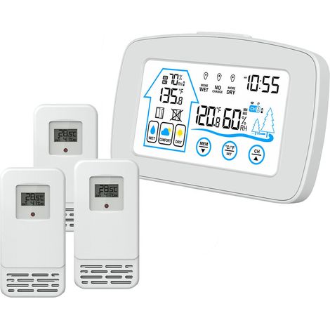 Estación meteorológica multifuncional con pantalla táctil retroiluminada y reloj digital inalámbrico para temperatura y humedad interior y exterior, color blanco, 3 transmisores (1/5)