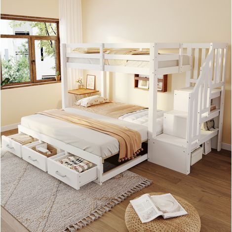 Cama de madera blanca 90x200 cm con cama extraíble 90/180x190 cm, cajones y escalera de almacenaje (1/5)
