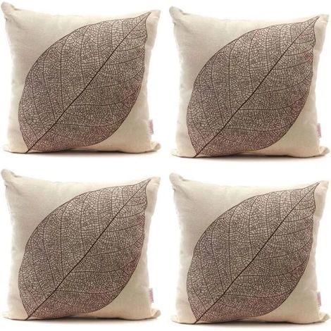 Set mit 4 Vintage-Kissenbezügen, 45×45 cm, Leinen, Herbstlaubmuster (1/4)