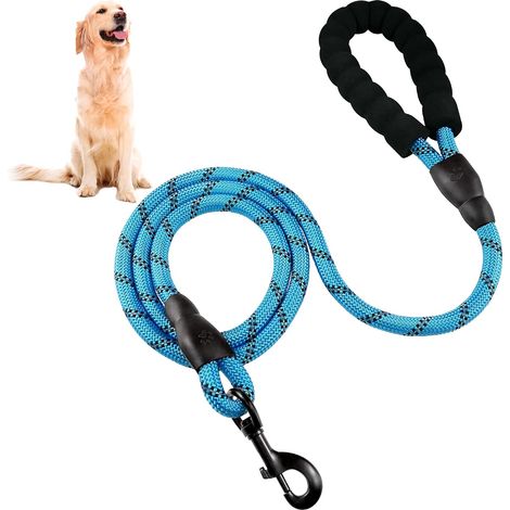 1.5m Dog Leash, Strong Dog Rope Leash with Soft Sponge Handle and Reflective Rope for Small Medium Large Dogs (Bleu) (1/2)