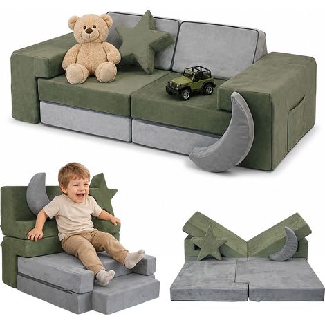Relaxdays Children's Play Sofa, modular, 10 soft blocks, velour, H x W x D 45x140x65 cm, grey-green (1/5)