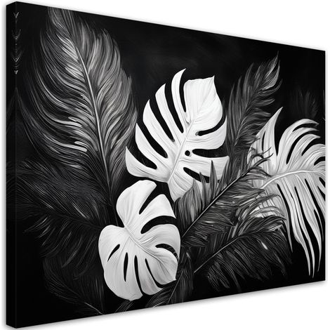 Quadro su tela, Foglie di monstera in bianco e nero - 60x40 (1/3)