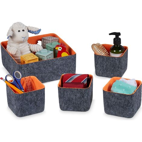 Panier rangement, 5 pièces, organiseur pour le tiroir ou l’armoire, pliable, 2 tailles, gris et orange (1/5)
