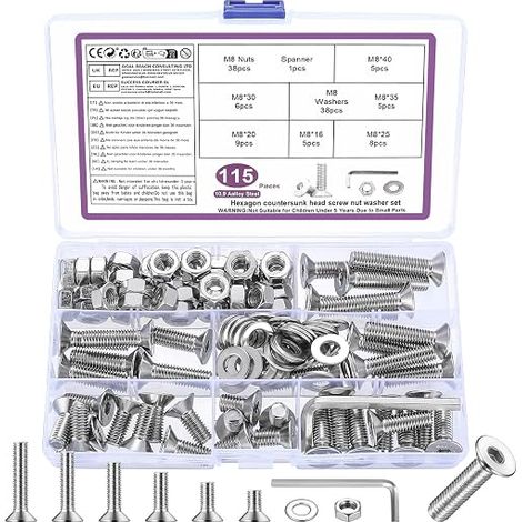 115 Pcs Vis M8, Vis Boulons et écrous Set, Vis à Tête Fraisée à Tête Hexagonale et écrous avec Rondelles Kit, Boulons Vis à Tête Plate à Six Pans Creux, Argento, avec Clés Hexagonales (1/5)